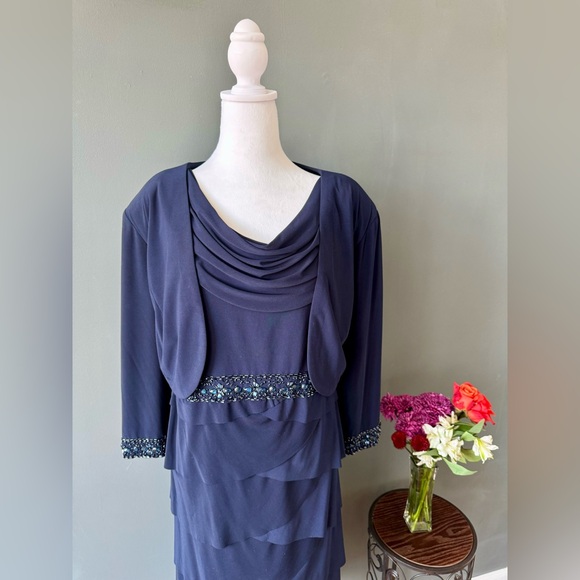 Alex Evenings formal short navy dress with jacket and beaded trim, size 22W - Picture 3 of 7